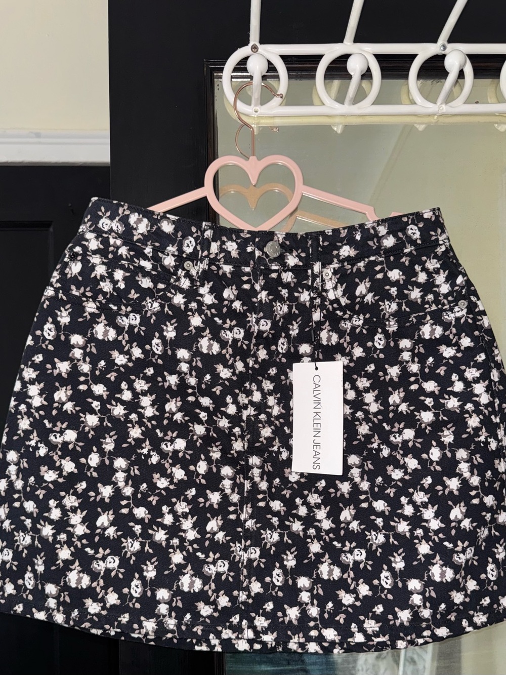 Calvin Klein Jeans Black Mini Skirt with White Floral Print